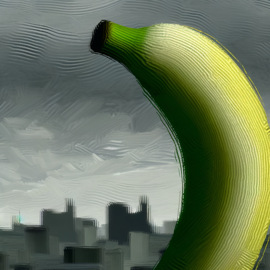 Un croissant géant verdoyant veille sur la ville grise, promettant douceur et mystère sous un ciel tourmenté.