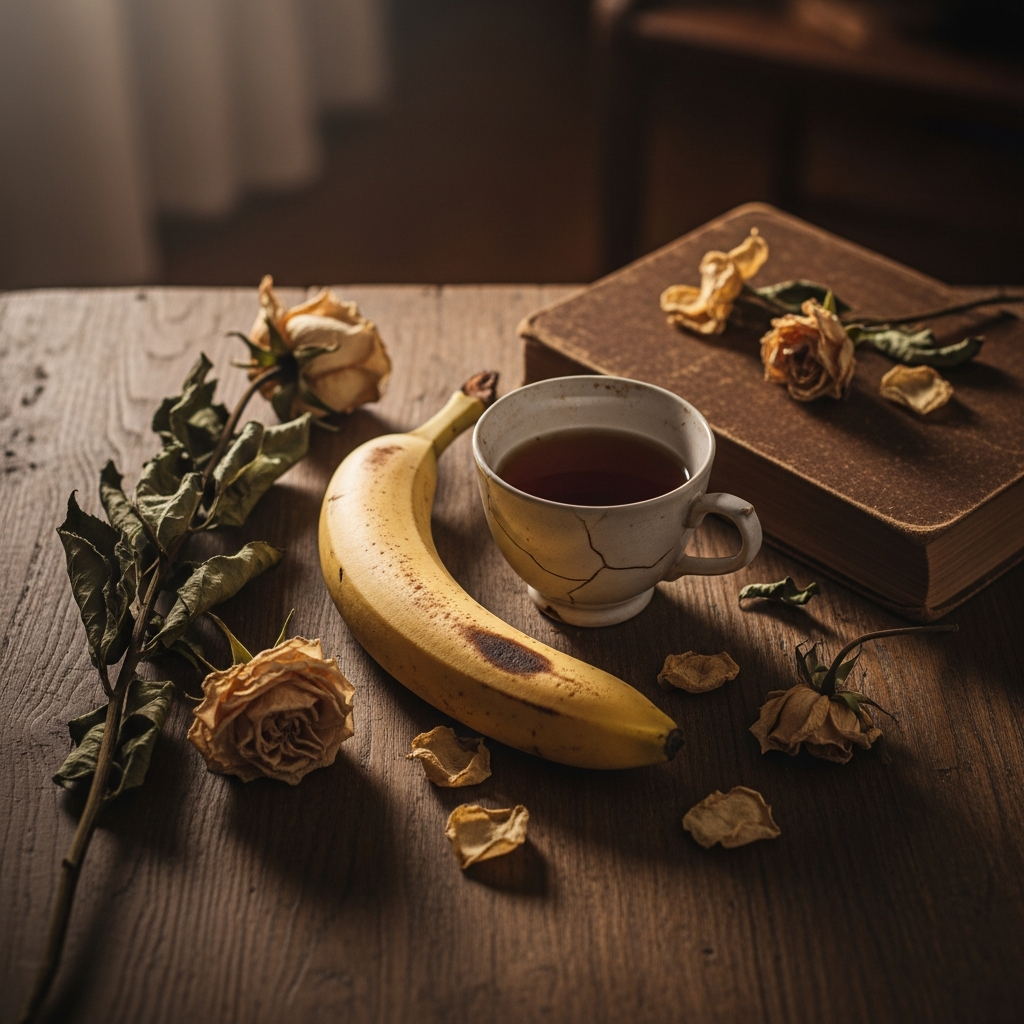 Un thé mélancolique partage la table avec une banane rêveuse, tandis que les roses fanées murmurent des poèmes oubliés dans l’ombre.