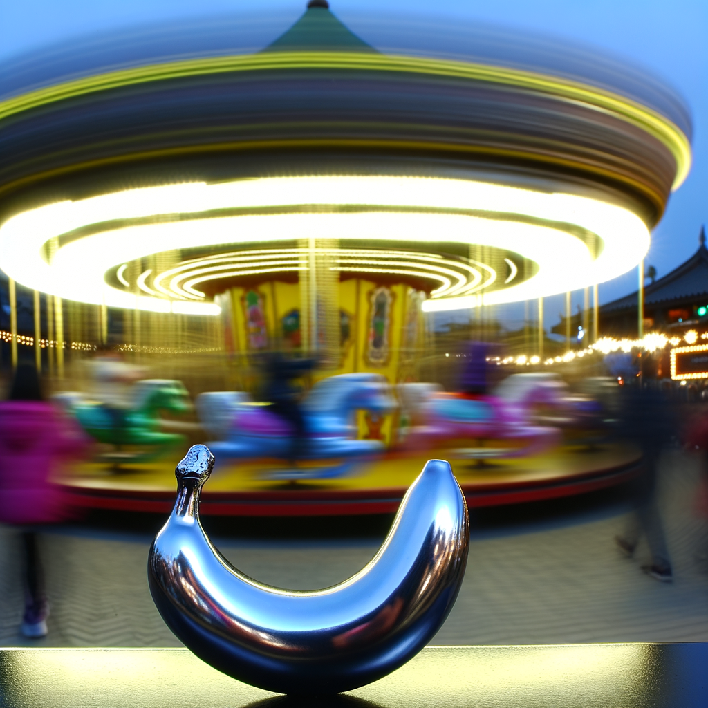Sous les néons tourbillonnants, la banane d’acier danse, immobile dans ce manège effervescent de rêves flous et rires suspendus.