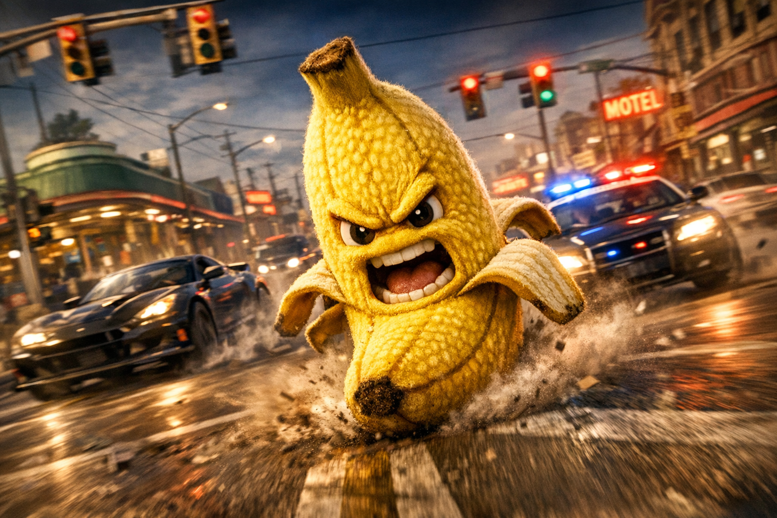 Sous les néons d’un hiver urbain, une banane furibonde dévale l’asphalte, défiant sirènes et bolides dans un ballet effréné.