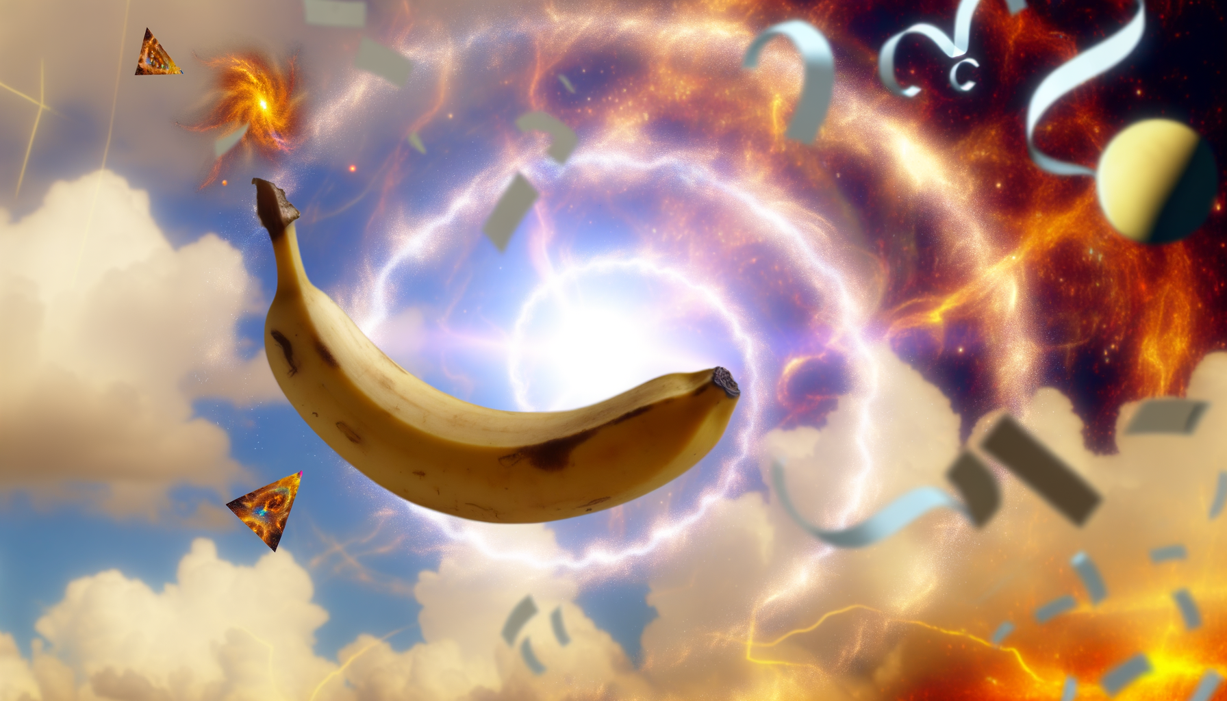 Une banane cosmique dérive, éclipsant galaxies en spirale, tandis que les points d’interrogation valsent dans un ciel embrasé de rêves délicieux.