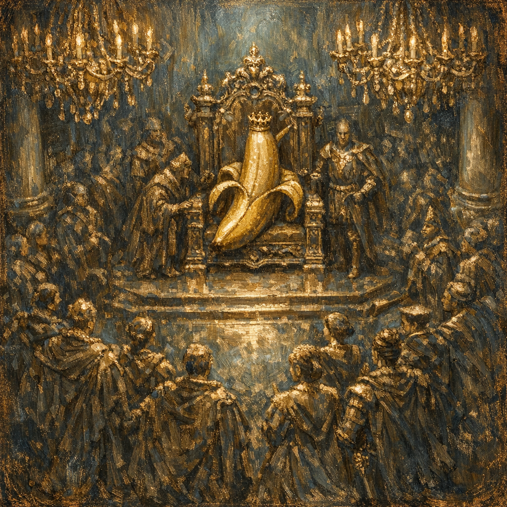 Dans un royaume où règne l’absurde, la banane couronnée dicte sa douce loi dorée, entourée de nobles ombres figées dans l’éternité.