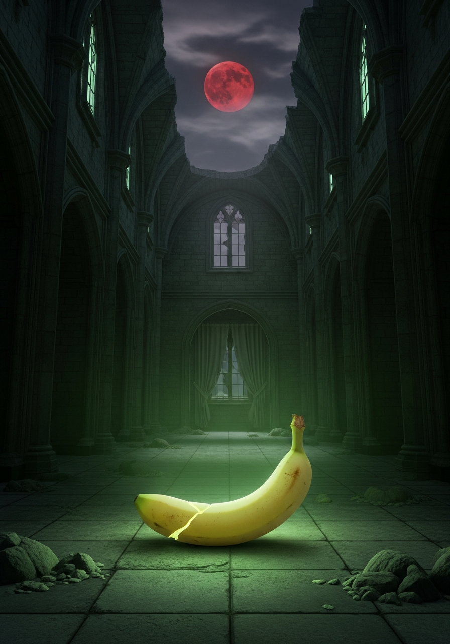 Sous la lune rouge sang, une banane éclate son mystère au cœur d’une cathédrale oubliée, défiant le silence des pierres millénaires.