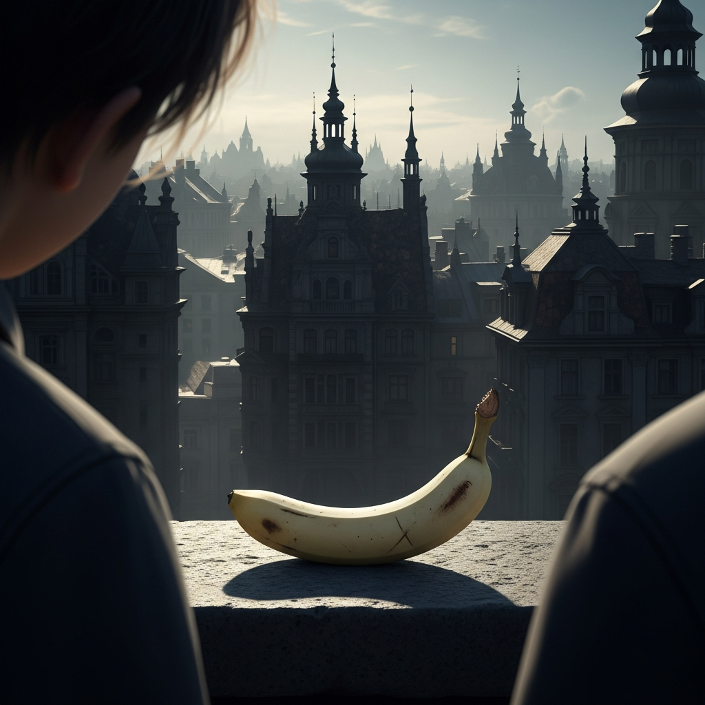 Deux âmes urbaines, obsédées par une banane solitaire, rêvent de mystères entre flèches gothiques et ombres du passé.