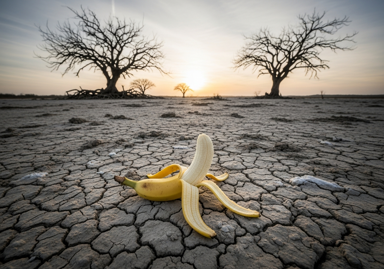 Une banane déshabillée danse sur une terre craquelée, dernier éclat de vie sous un ciel qui s’éteint.