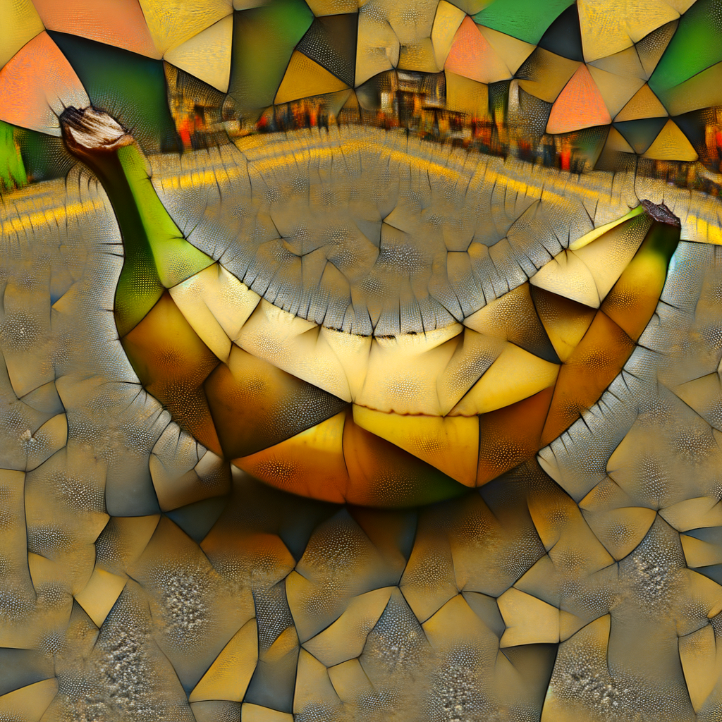 Deux bananes dansent sous un ciel mosaïque, éclats de jaune rendant hommage à l’aube d’un monde fragmenté.