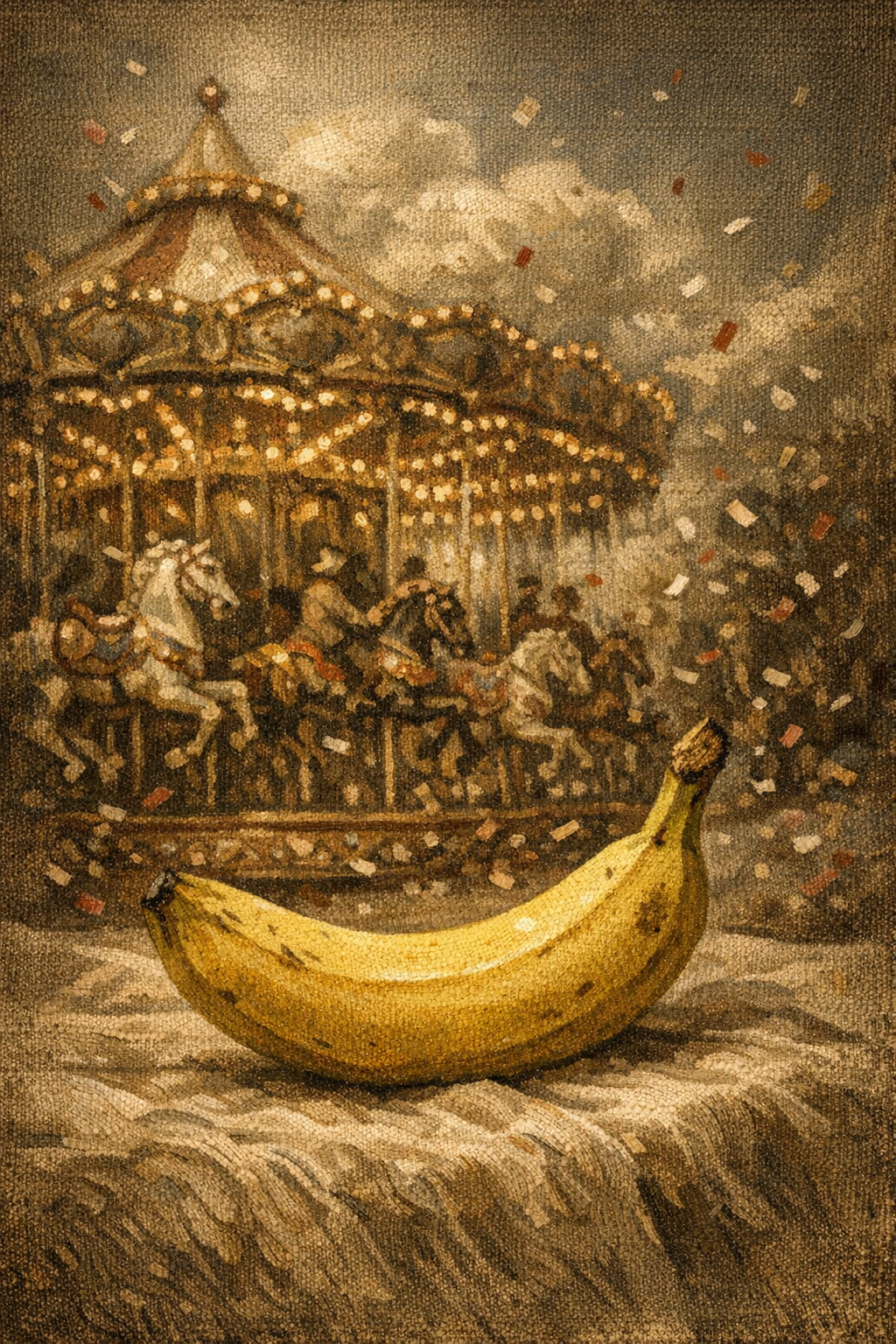 Un bananier rêveur sur un manège vintage, là où les confettis dansent avec les chevaux de bois oubliés. Fantaisie en pelure dorée.