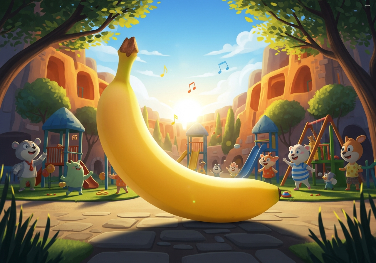 Sous un soleil chantant, la banane géante danse, captivant les âmes joyeuses d’un royaume où rires et rêves s’entrelacent.