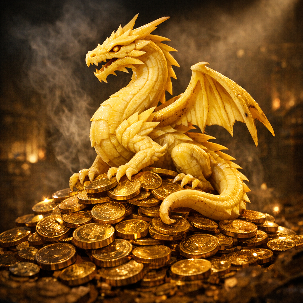 Sur un trésor doré, le feu se fige en silence, gardien sculpté d’un royaume où l’or murmure aux ombres éternelles.