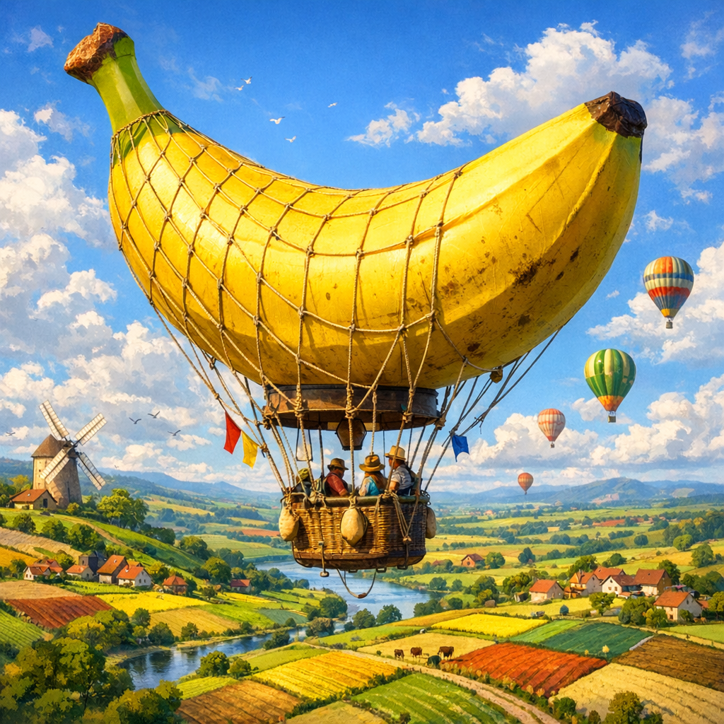 Un doux voyage suspendu, où la poésie d’une banane géante caresse les nuages, défiant les lois du ciel et de la raison.