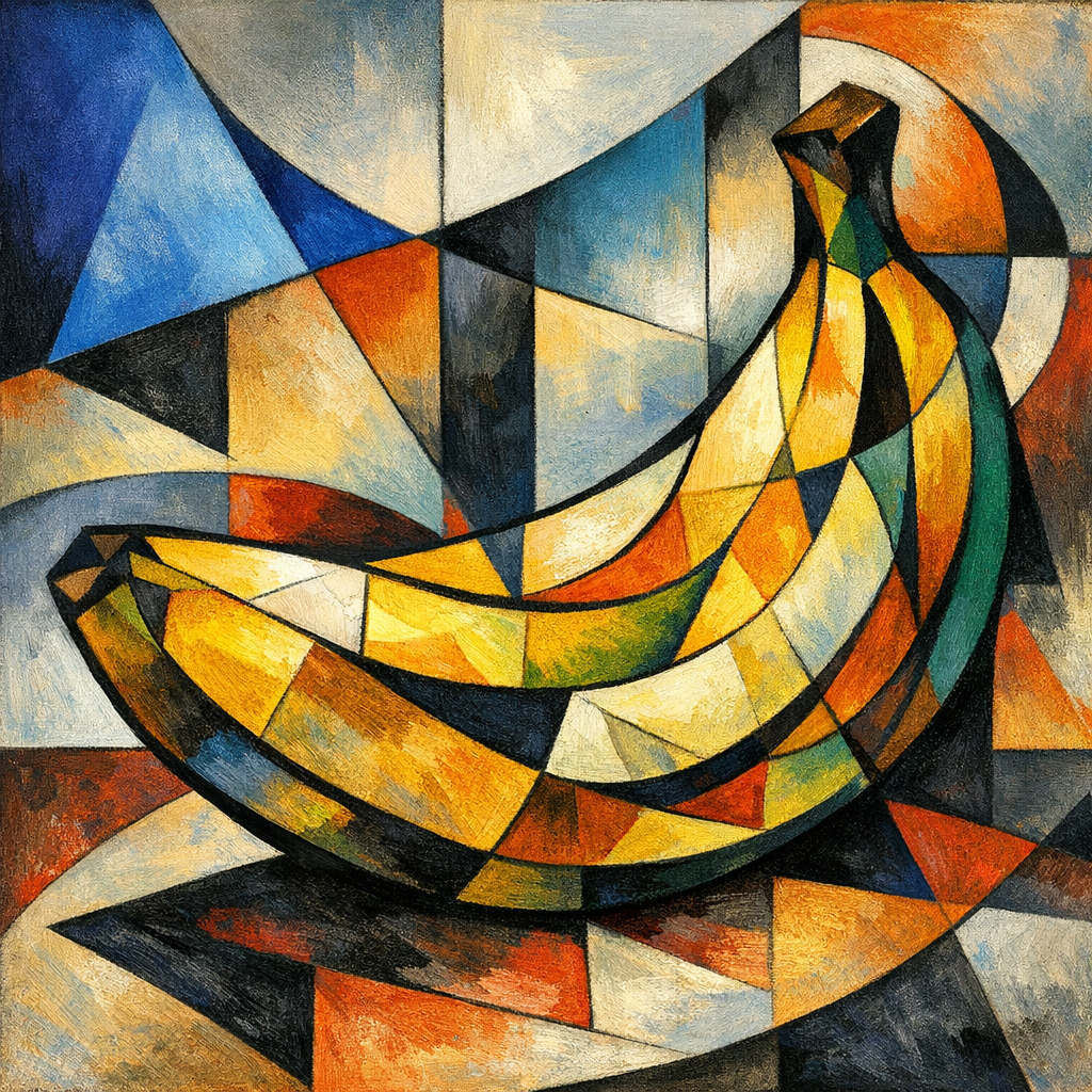Deux bananes dansent au bal cubiste, éclatant de jaune entre éclats de ciel et feux terreux. Un festin géométrique sans saveur.