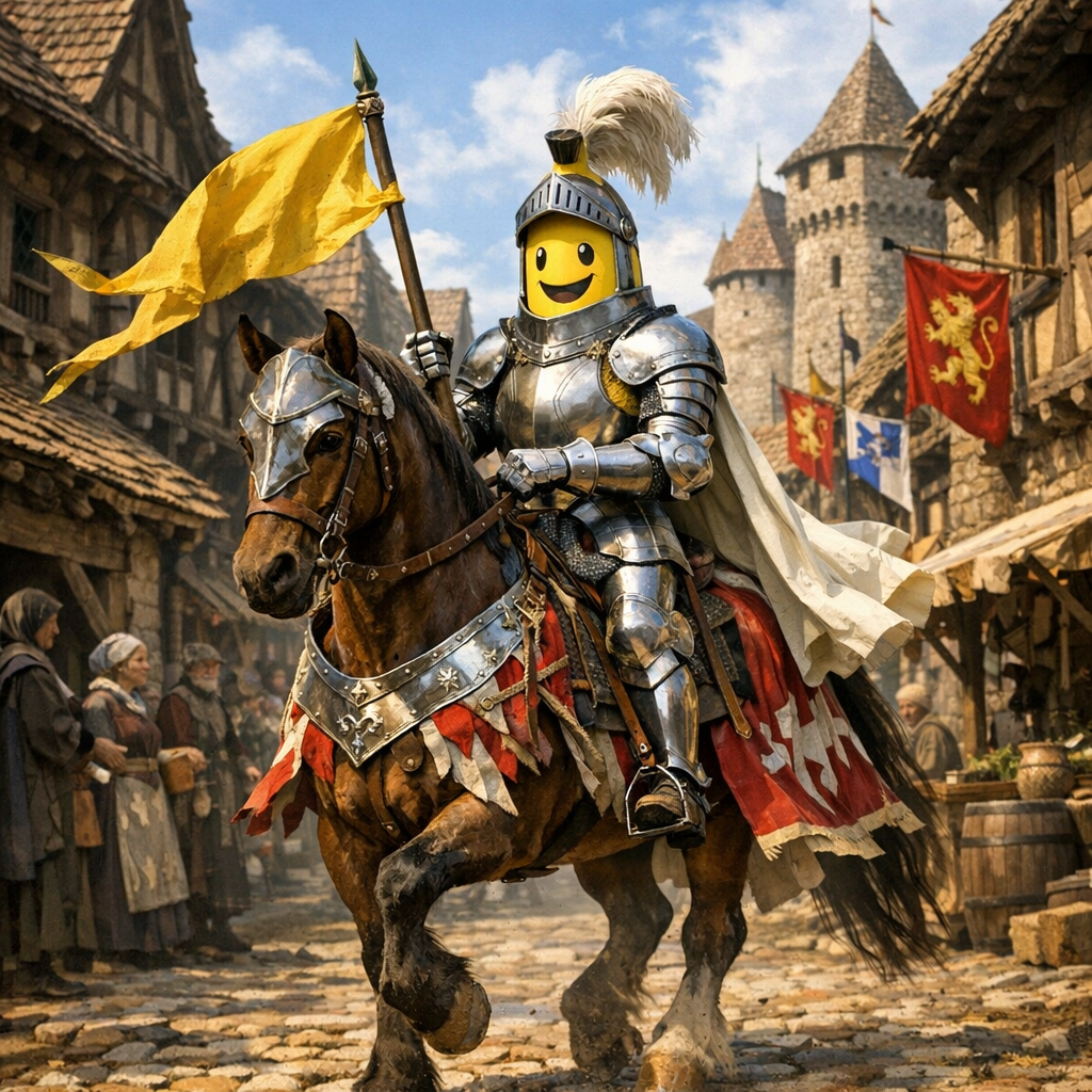Sous l’armure d’acier, un héros fruité sourit, conquérant les royaumes d’un monde où la banane règne en chevalier enchanté.