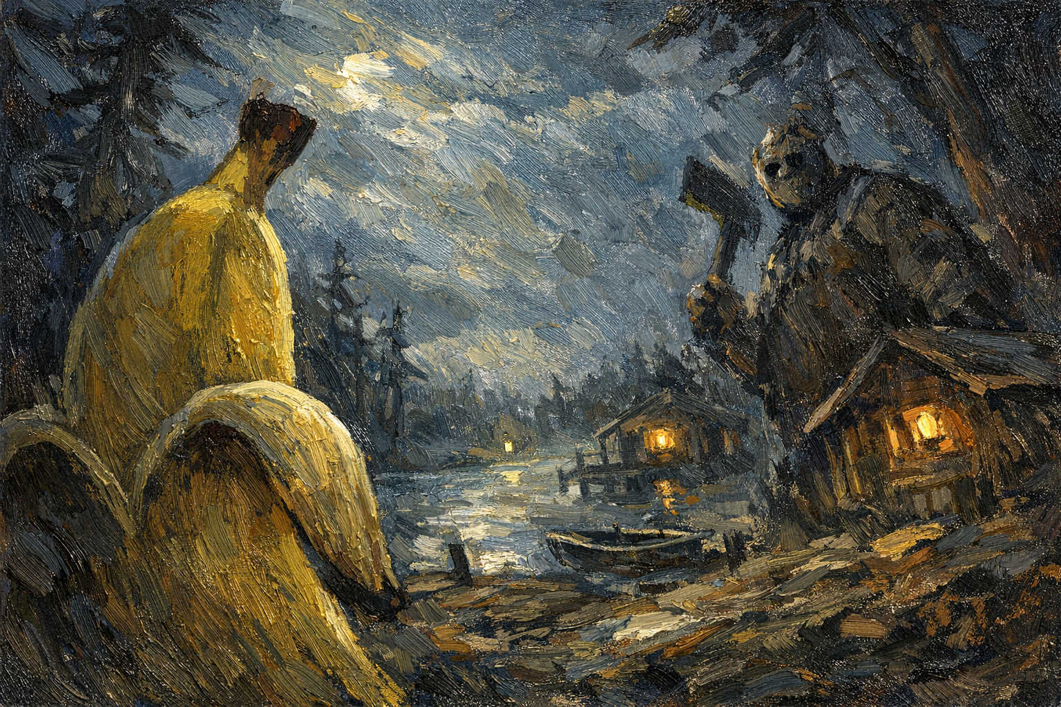 Sous la lune voilée, la banane s’interroge, tandis que le bûcheron masqué danse avec l’ombre, hache levée dans un murmure de bois et mystère.