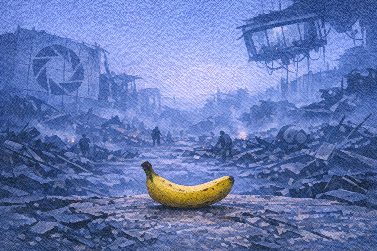 Une banane solitaire, dernier témoin jaune dans un monde éclaté, où l'espoir danse sur les décombres du silence nocturne.