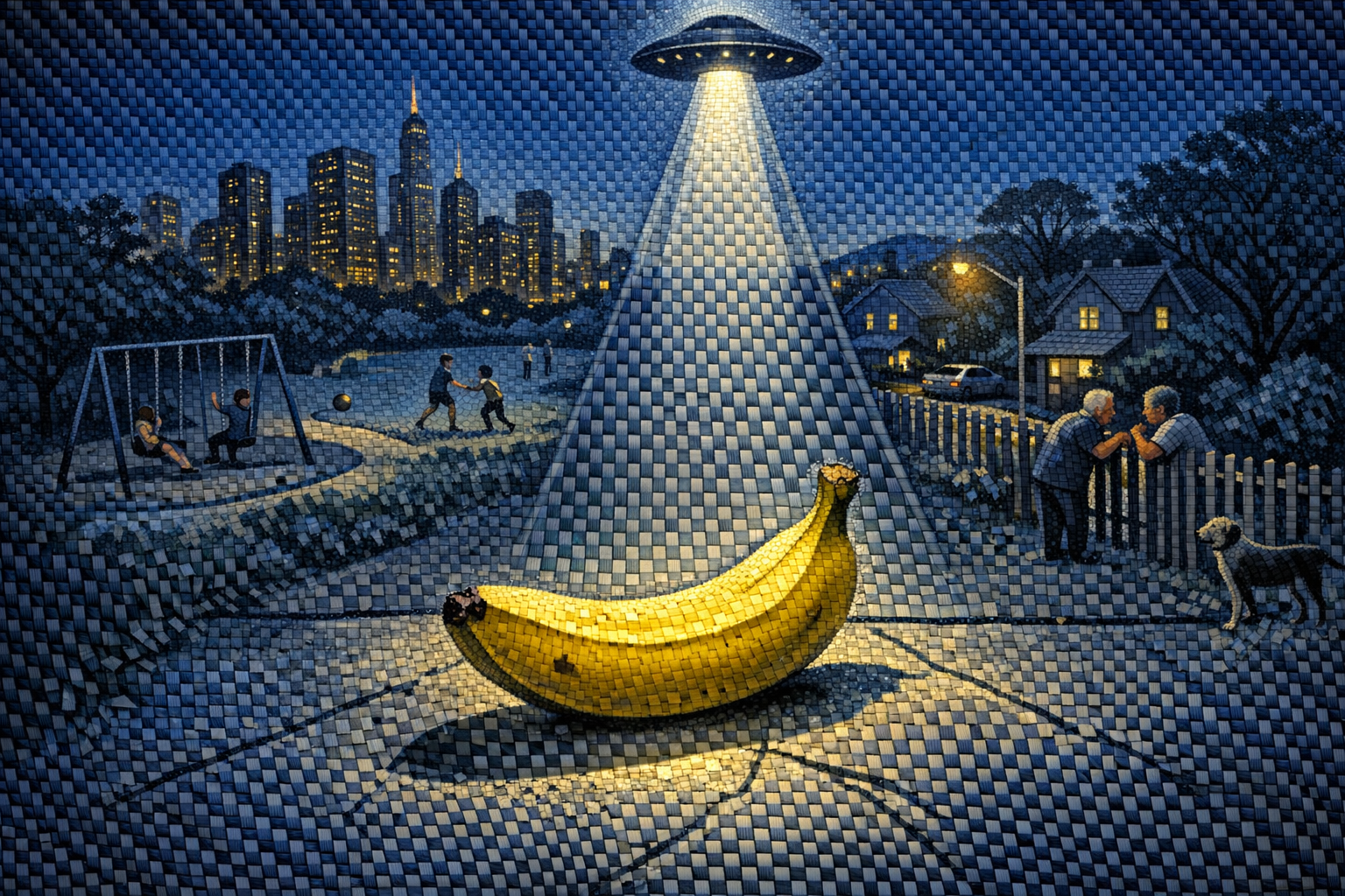 Sous la lune complicité, une banane atterrit, étoile étrange dans la nuit, peintures bavardes chuchotent dans l’éclat d’un mystère doux-amer.