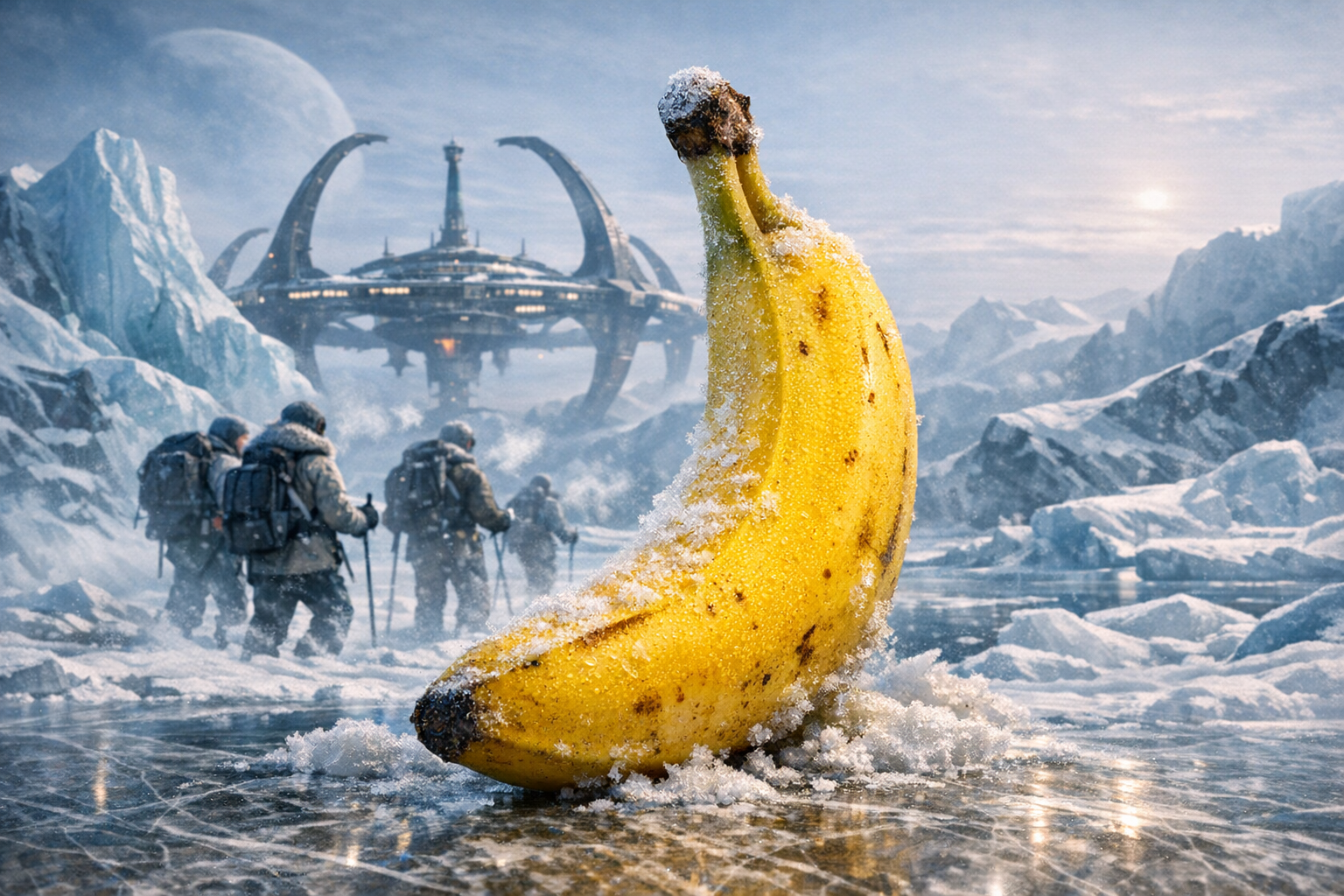 Dans ce royaume gelé, la banane géante, souveraine inattendue, éclaire le désert blanc, défiant le froid et l’ombre des voyageurs d’un autre monde.