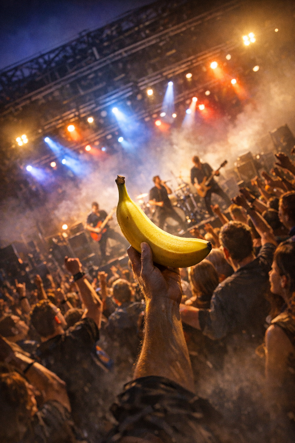 Une banane en star, levant son éclat jaune dans l’arène électrique, défiant la foule au rythme d’un solo en fusion.