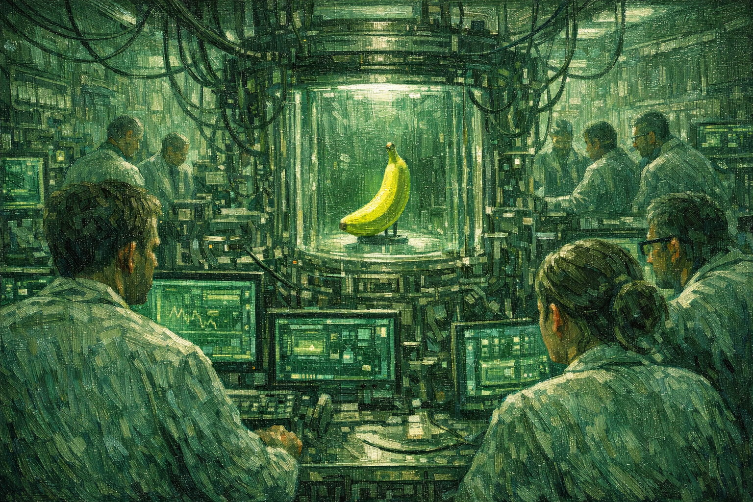 Dans l'antre des savants en prière, une banane trône, mystère jaune éclatant au milieu des murmures électroniques et des regards captivés.