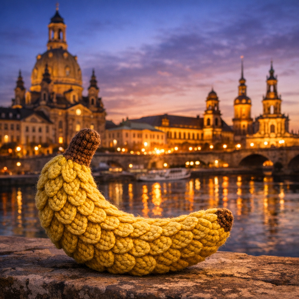 Sous un ciel crépusculaire, une banane tissée rêve d’échappées fruitées dans la douceur dorée de la ville endormie.