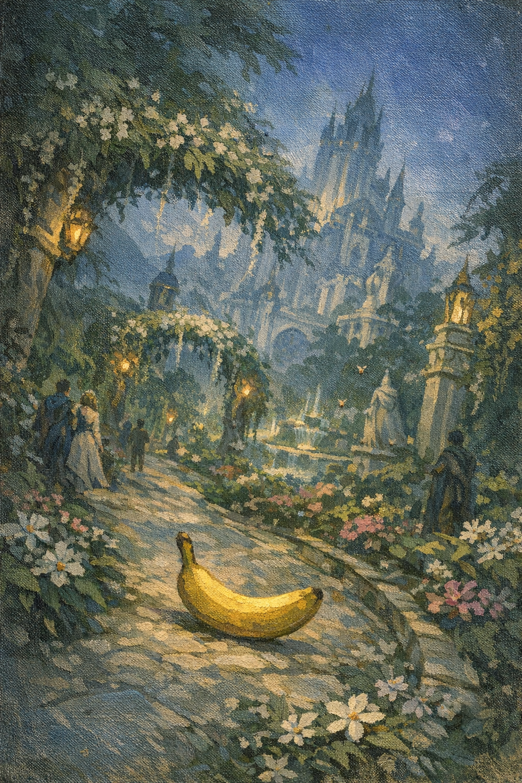 Sous la lueur des lanternes, une banane fatiguée médite son destin, reine insolite d'un jardin féerique et silencieux.