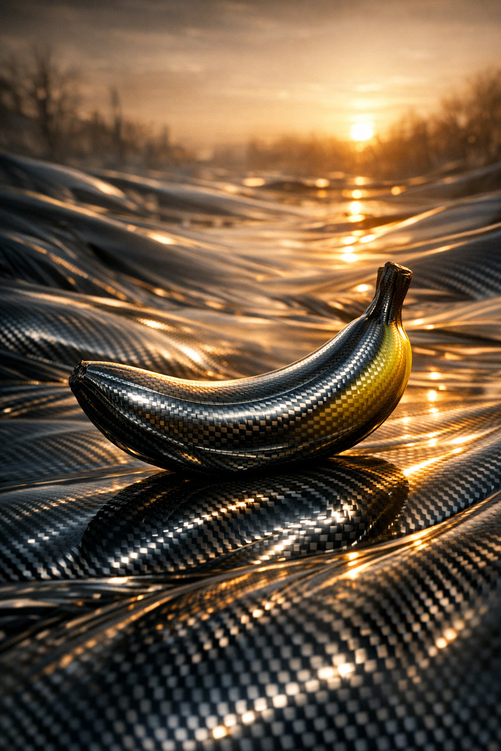Une banane d’acier danse au crépuscule, entre mers synthétiques et reflets d’un monde où la réalité se tisse à la lumière dorée.