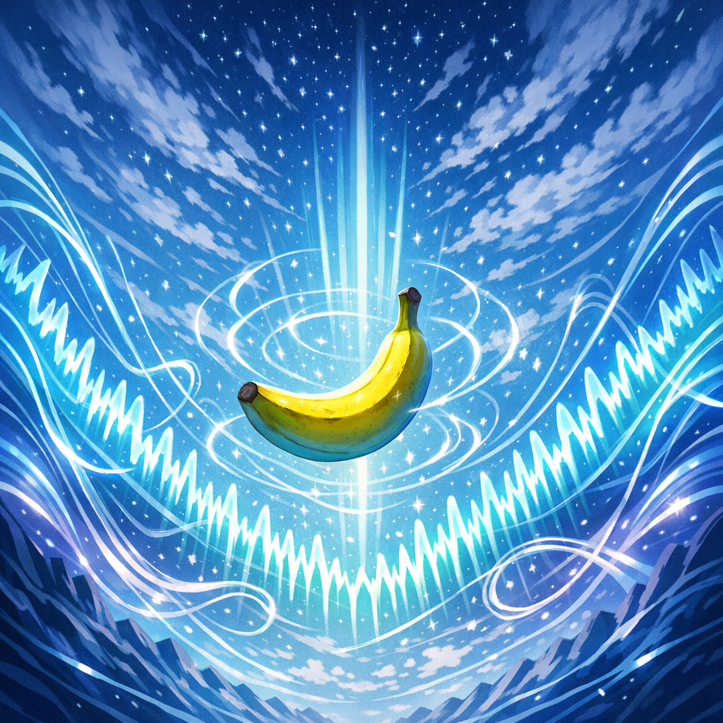 Au cœur d'une symphonie céleste, une banane sacrée danse entre étoiles et murmures d'univers, fruit élu des étoiles mystérieuses.