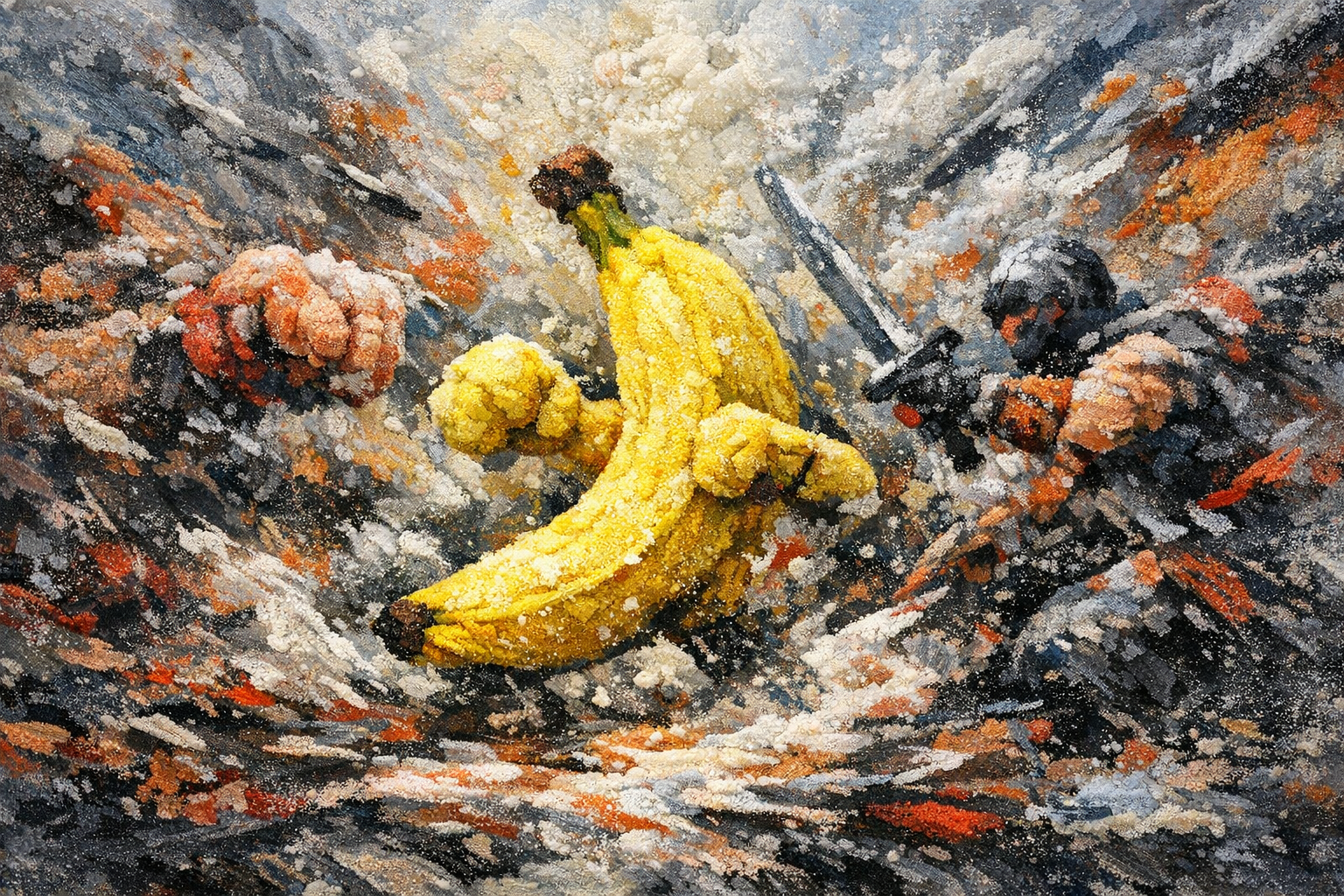 Dans la mêlée cosmique, une banane gladiateur fend l’air, poings levés, défiant l’ombre et l’acier dans un ballet de poudre et de feu.