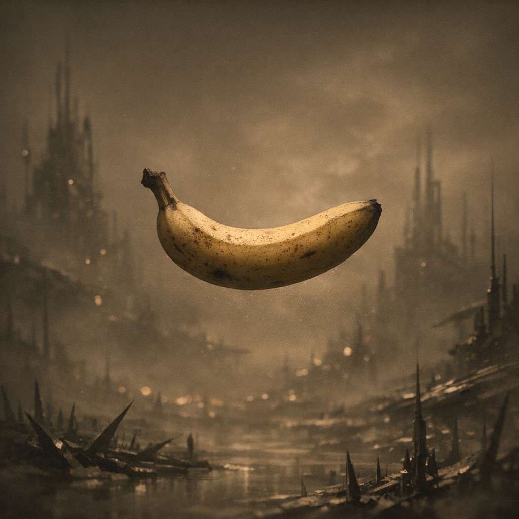 Dans un désert de cendres, la banane flotte, souveraine, éclat d’absurde lumière dans le chaos d’un monde oublié.