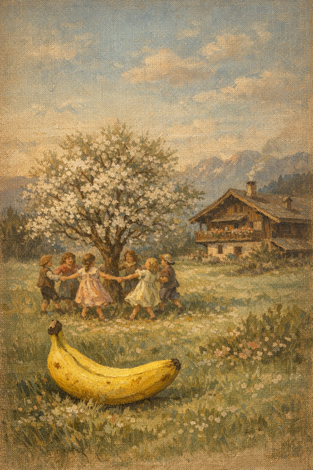 Une banane géante dort paisiblement tandis que des enfants dansent autour d'un arbre en fleur, écho d'un rêve doux dans un monde enchanté.