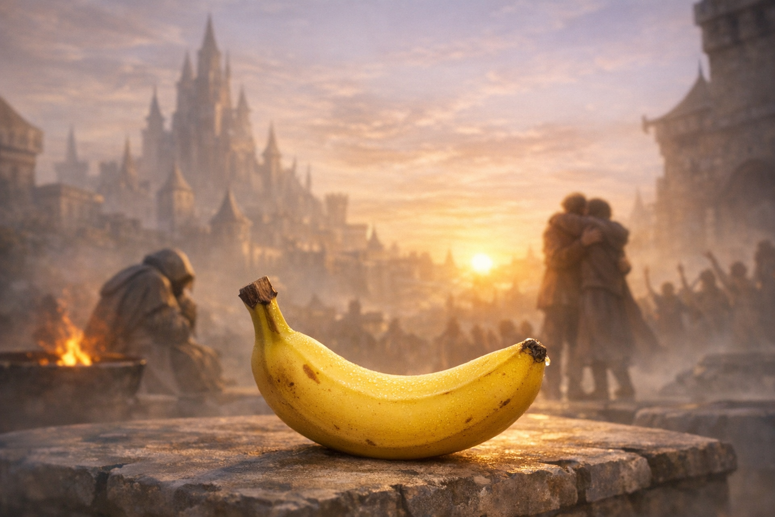 Au milieu des ombres et des batailles oubliées, une banane éclot, éclat de vie dans un royaume de cendres et de souvenirs.