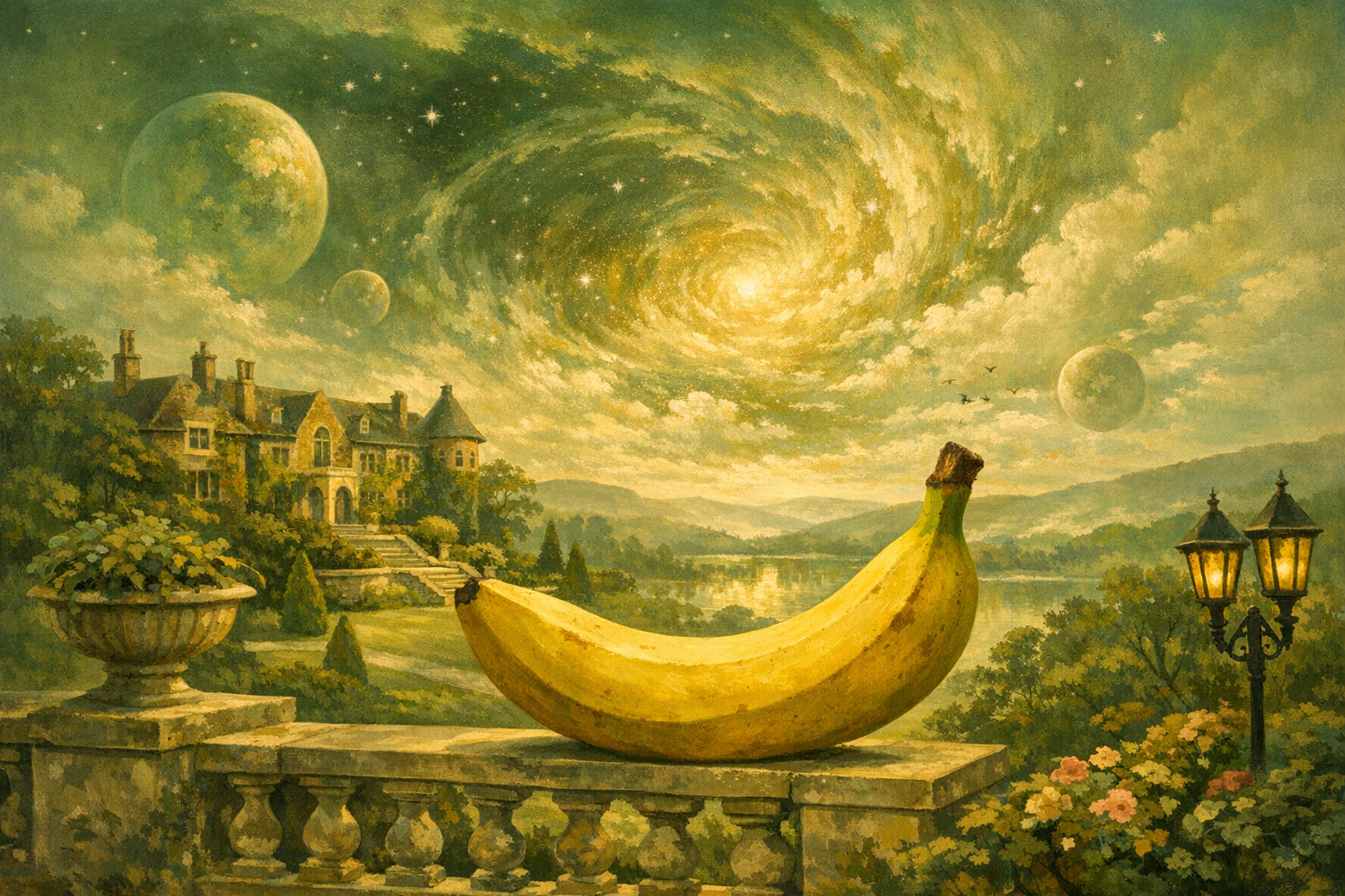 Sous un ciel où tourbillonnent galaxies et lunes, une banane solitaire règne en reine mystérieuse, gardienne des rêves suspendus dans l’éternité enchantée.