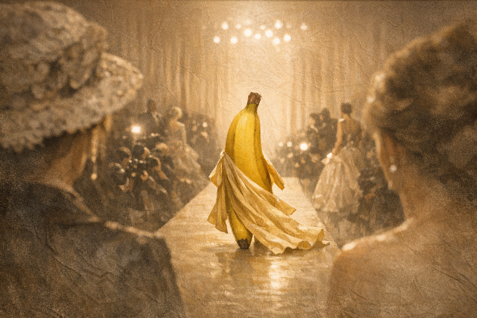 Sous les feux des projecteurs, une banane s’envole en robe spectaculaire, défiant la gravité et les conventions d’un monde trop sérieux.