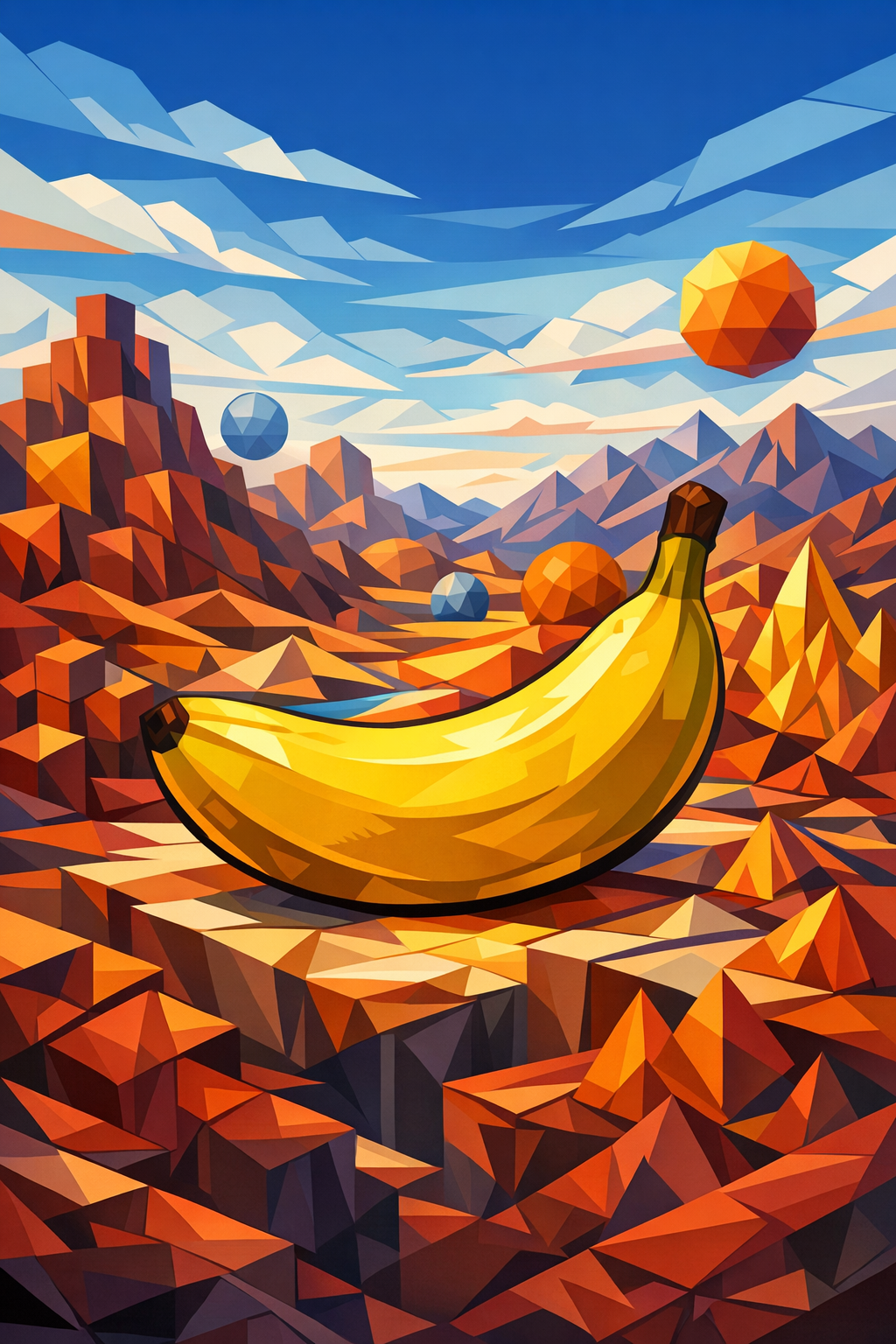Une banane astronaute flotte, contemplant des lunes géométriques dans un désert de pyramides flamboyantes et de rêves cubistes.