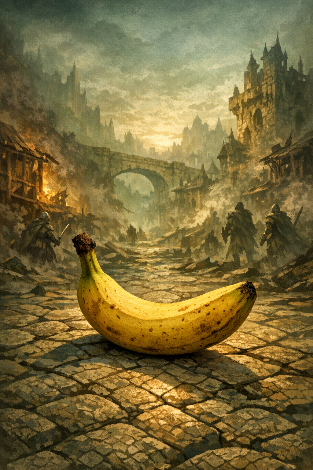 Dans un royaume déchu, une banane solitaire trône, sourire jaune dans l’ombre des épées et des cendres oubliées.