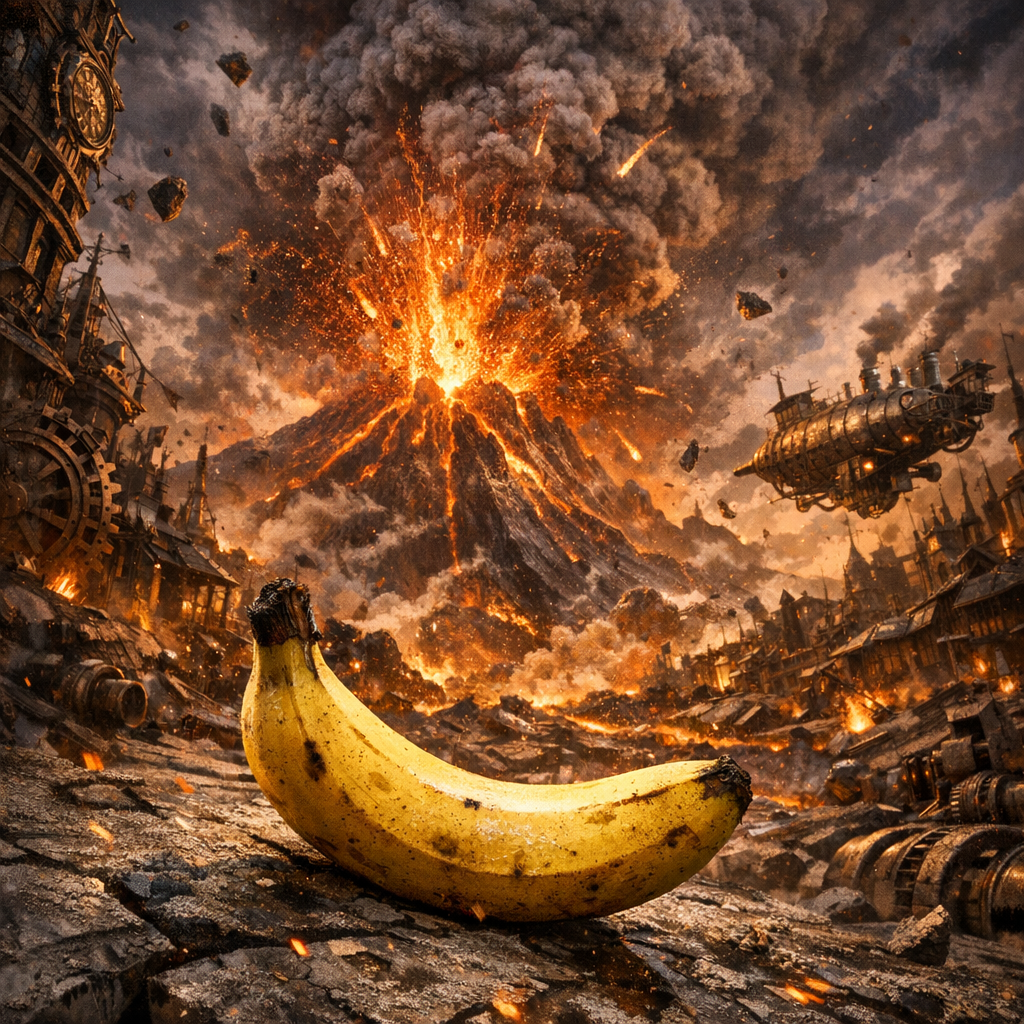 Quand la banane méditait, le volcan en colère écrivait des poèmes de feu et fer, dans un monde où le temps suspendait son souffle.