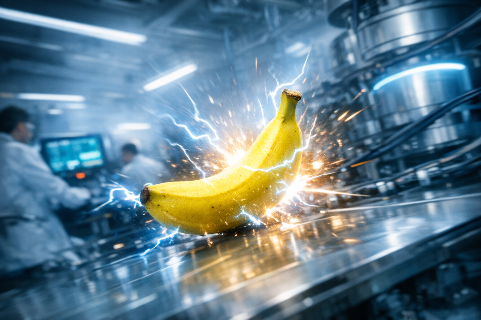 Quand la banane capte la foudre, elle devient super-héros électrique dans la jungle métallique des machines endormies.