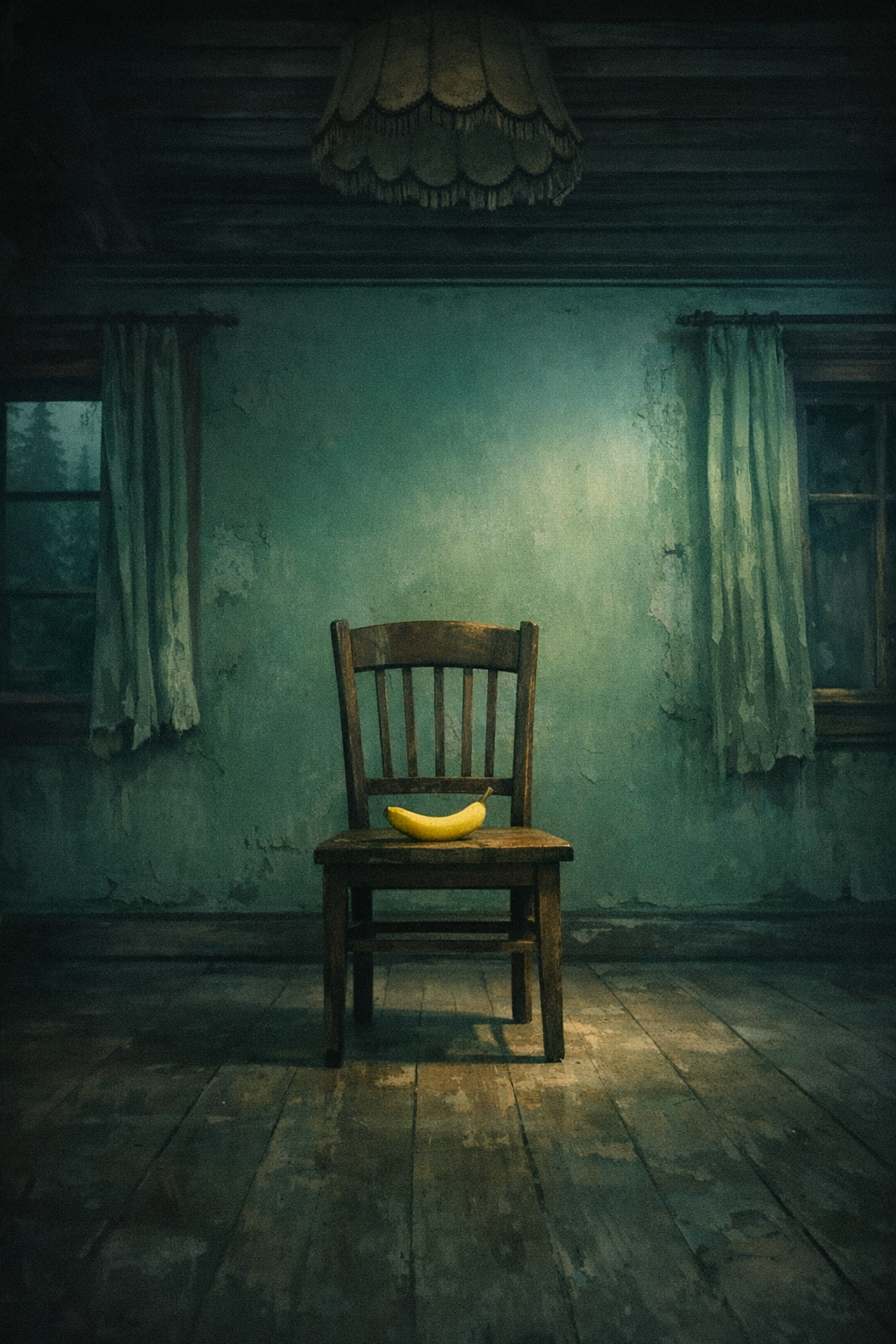 Dans la pénombre d’une pièce oubliée, une banane éclaire le silence d’un éclat doux, murmure doré sur bois ridé.