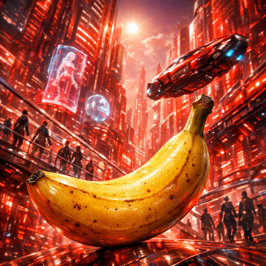 Dans la cité ardente du futur, une banane résiste, humble éclat jaune défiant l’acier et les néons incandescents de l’oubli.
