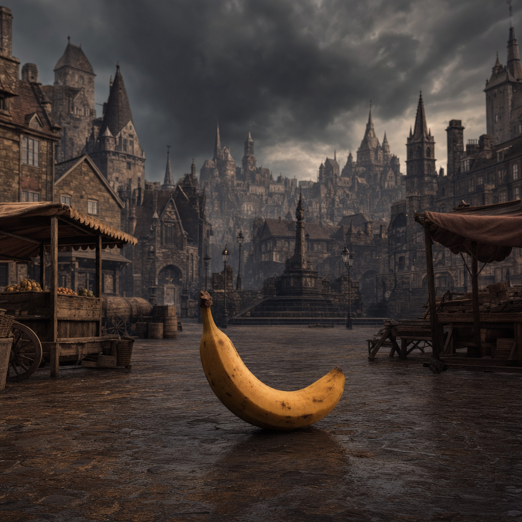 Une banane royale règne sans couronne, défiant le temps dans une cité de pierres sous un ciel chargé de mystères.
