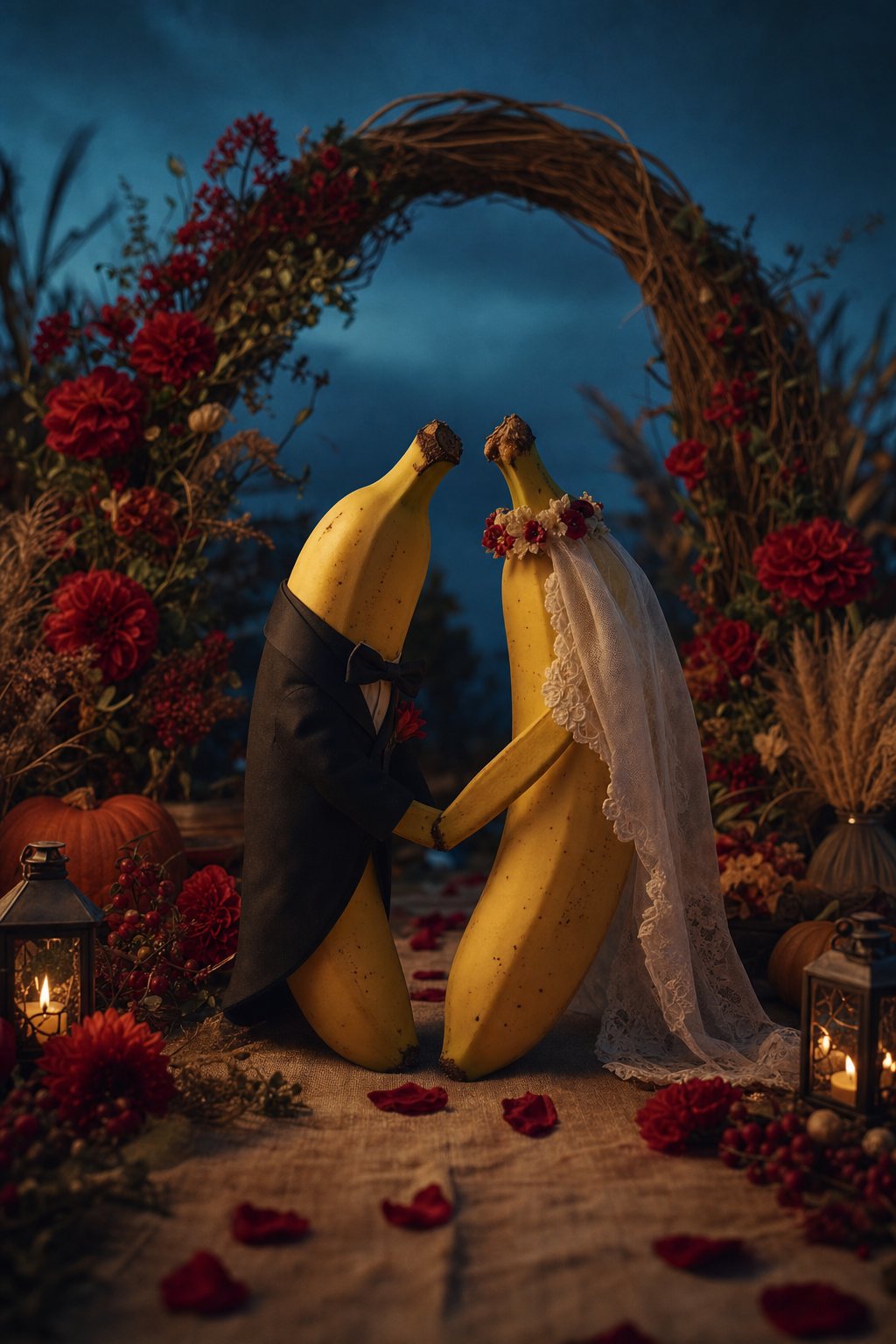 Deux âmes fruitées scellent leur destin sous l’arche dorée, danse douce entre peaux de bananes et rêves enivrants de tendresse.