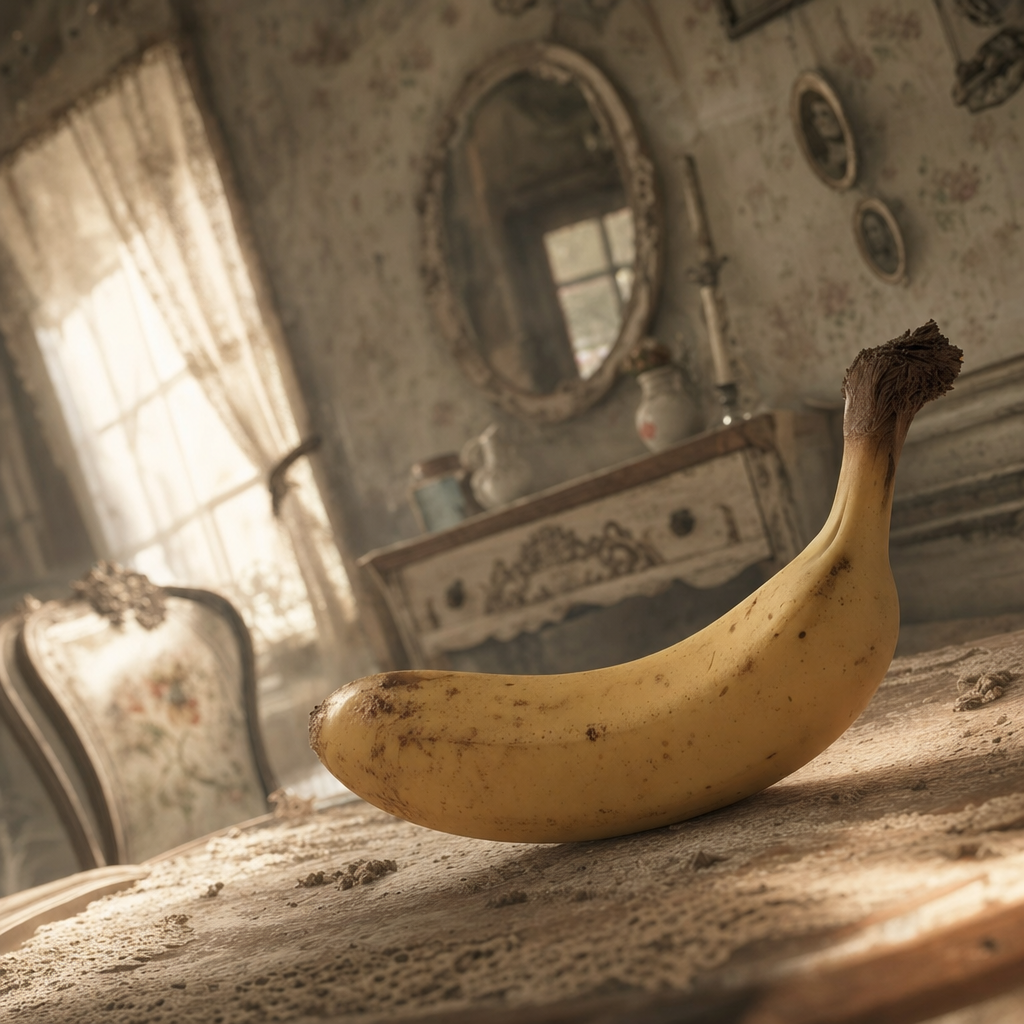 Sous la poussière d’antan, une banane rêve de jungle, oubliée dans un château où le temps s’effeuille doucement.