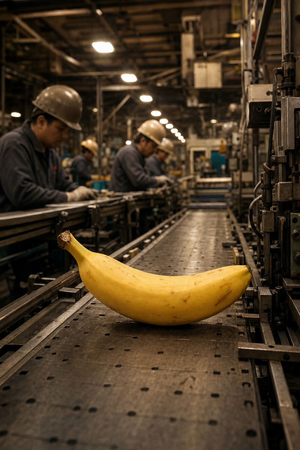 Une banane rêveuse défile, star muette d’une usine où les casques dansent au rythme d’un ballet mécanique infini.