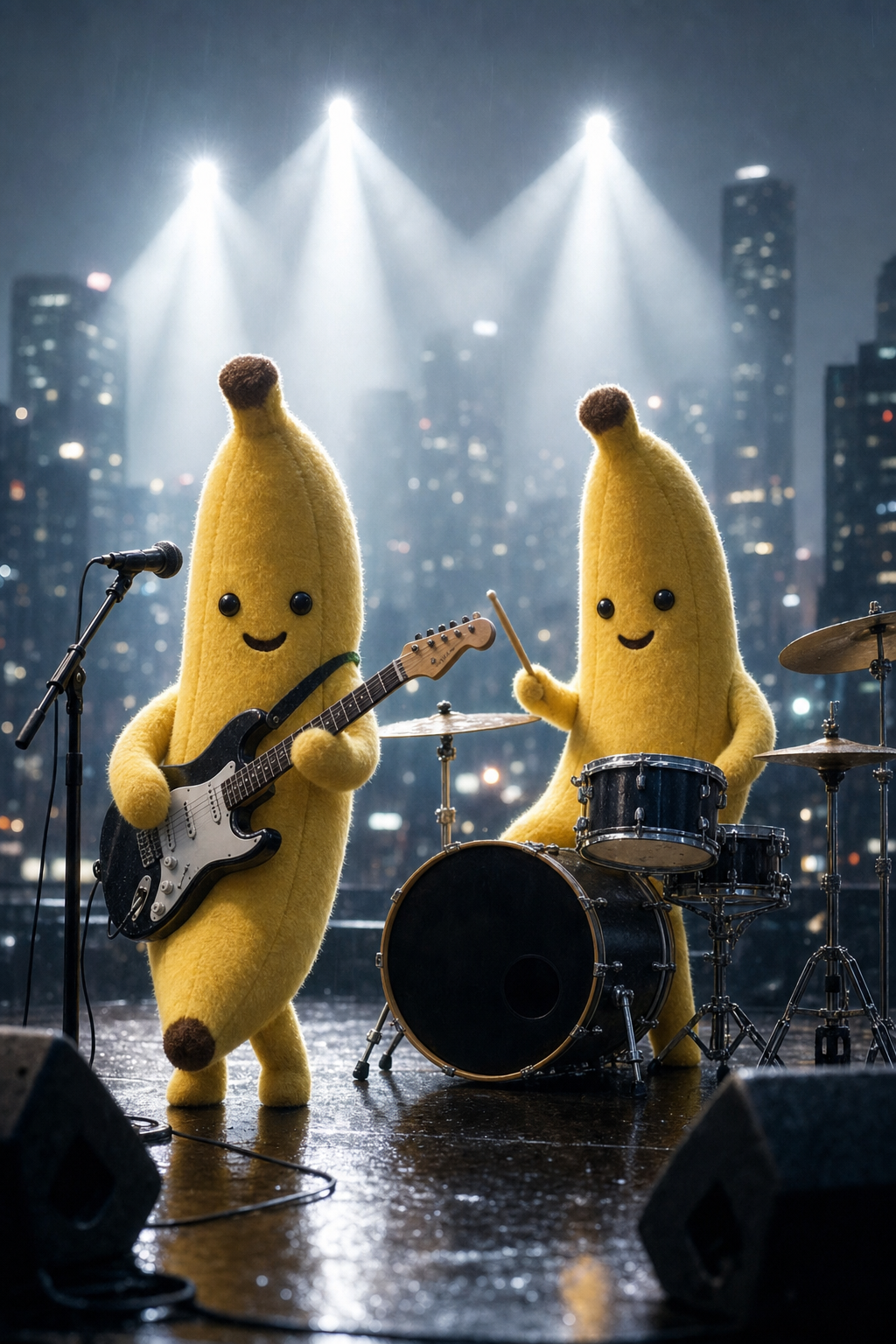 Sous les néons pluvieux, deux bananes enjouées enchantent la nuit de riffs et battements juteux.