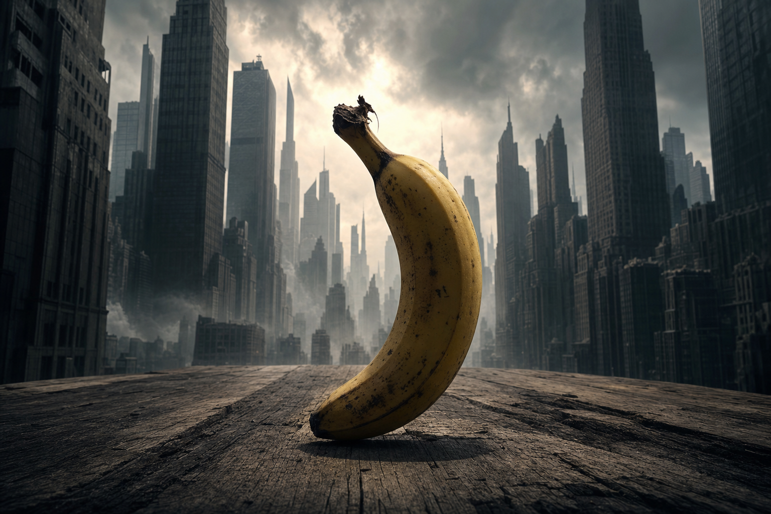 Dans la jungle de béton, une banane solitaire défie la grisaille, orchestre fruitée au cœur du chaos urbain noir et blanc.
