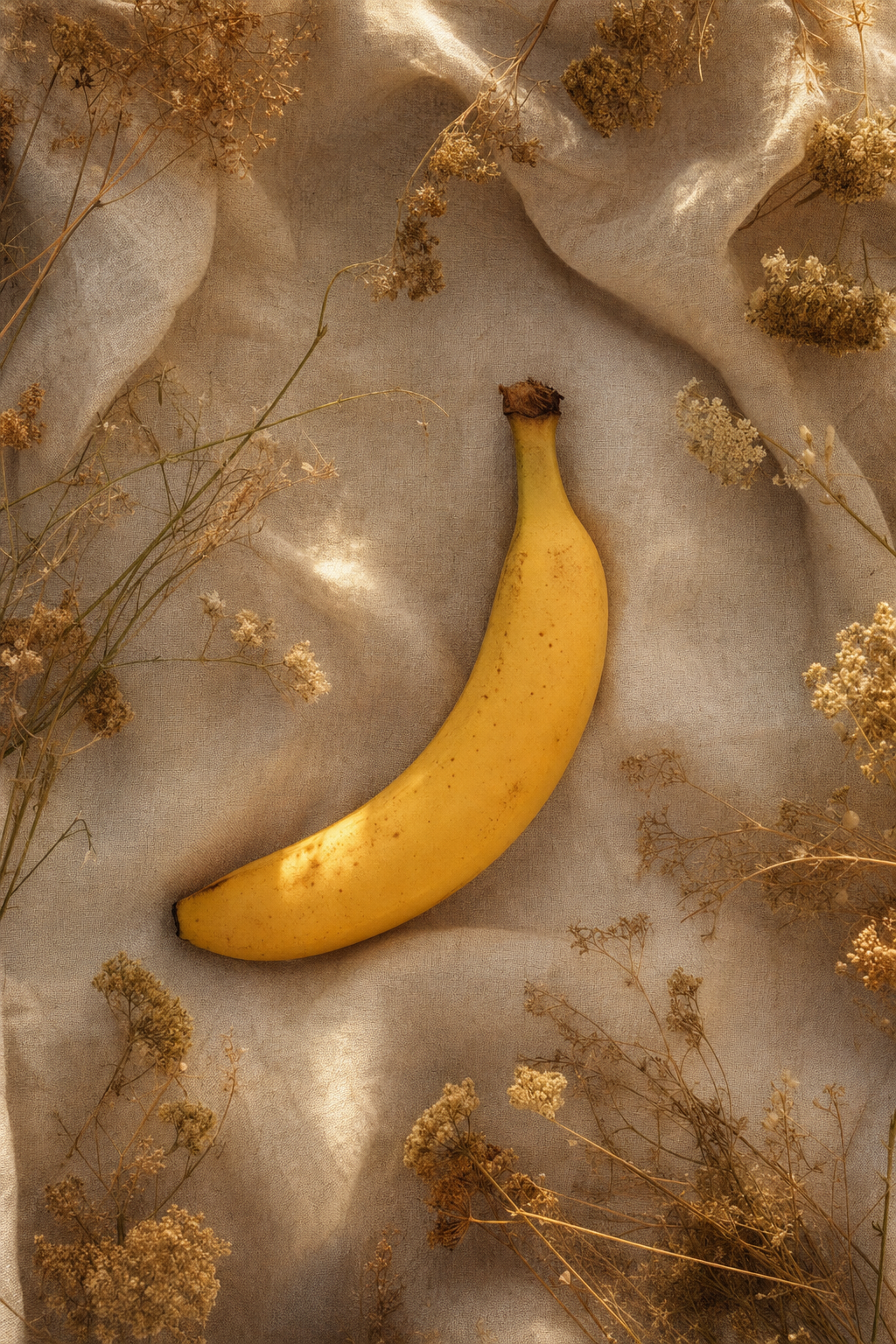 Une banane solitaire danse avec la lumière dorée, entourée de murmures secs des herbes oubliées du temps.