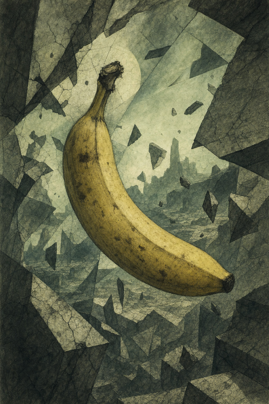 Dans un chaos minéral suspendu, la banane flotte, souveraine insolite, défiant l’ordre d’un monde fracturé et silencieux.