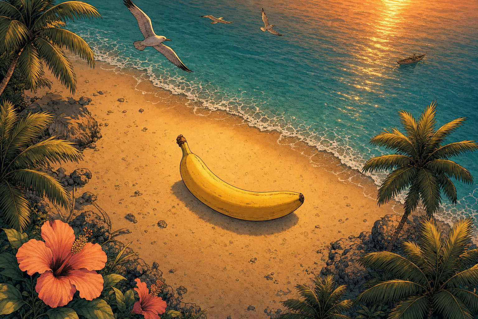 Sous le soleil doré, une banane géante rêve de devenir radeau, tandis que les mouettes chantent des chansons absurdes au vent salé.