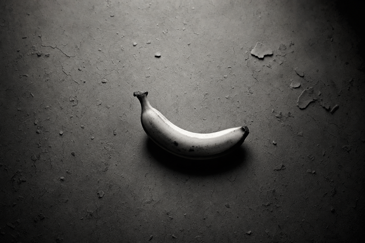 Sous le poids du silence, une banane solitaire danse sur un sol craquelé, gardienne d’un secret mûr, éclatant dans l’ombre du néant.