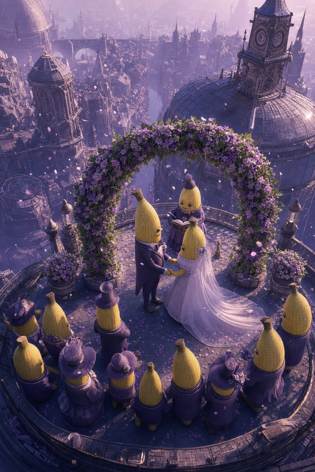 Sous un ciel violet, des bananes en habits d’apparat s’unissent en un doux ballet, où fleurs et promesses flottent parmi les nuages d’un rêve suspendu.