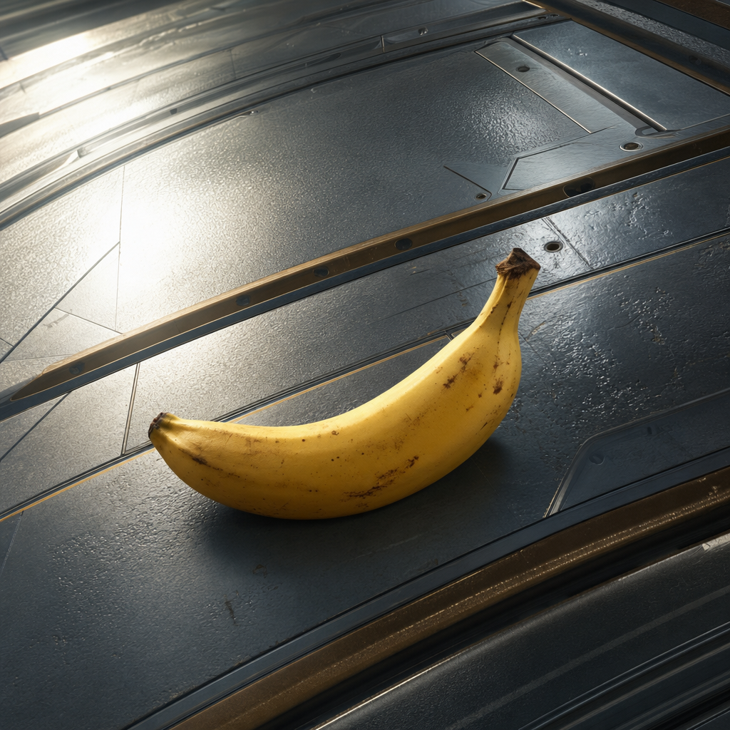 Sur l’acier froid danse une banane solaire, éclat d’or dans l’oubli métallique, sourire fruité au cœur de l’univers industriel.